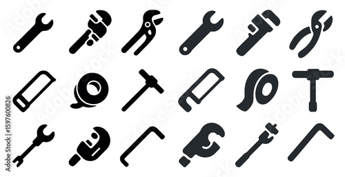Tool and construction solid icons set – flat, filled, maintenance and repair symbols