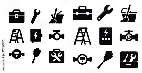 Home maintenance filled icons set – outline, solid, diy repair toolkit symbols