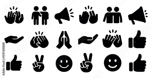 Communication and expression solid icons set – filled, hand gestures, social symbols