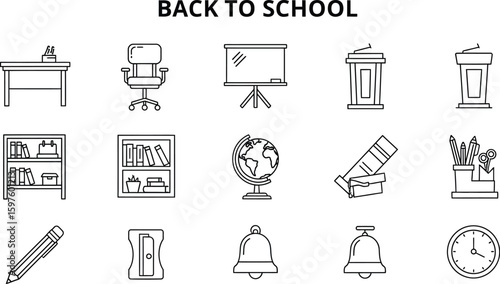 Vector art of back to school icons featuring classroom furniture and supplies such as desks, chairs, blackboards, and globes
