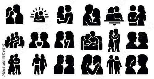 Relationship and family silhouette icons set – solid, outline, interpersonal symbols