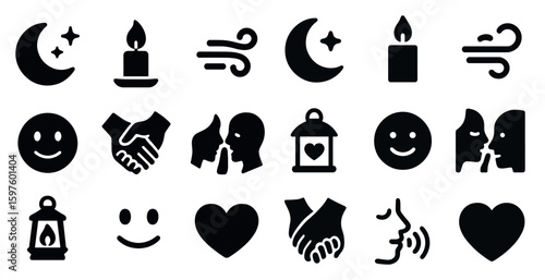 Night and communication solid icons set – silhouette, filled, evening, interactions