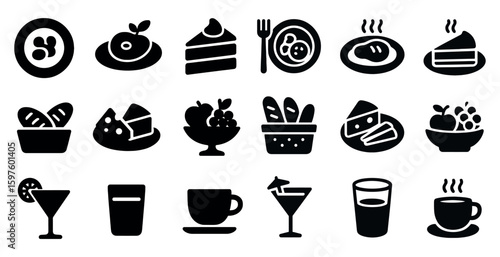 Food and dining solid icons set – filled, meal and culinary symbols