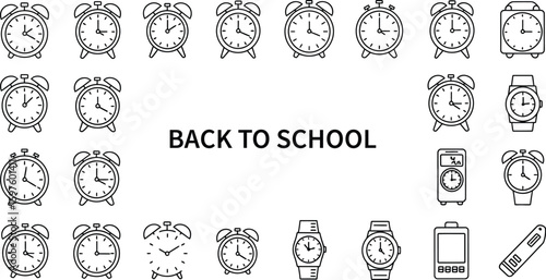Vector art of a variety of clock and watch icons for back to school, representing time management and deadlines
