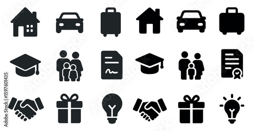 Essential life silhouette icons set – filled, solid, family and home symbols
