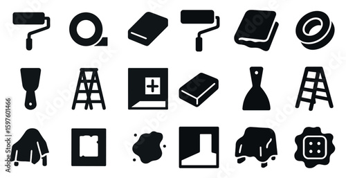 Home renovation solid icons set – silhouette, filled, diy and construction tools