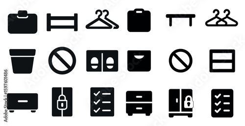 Organization and storage solid icons set – filled, tidy, neatly arranged symbols