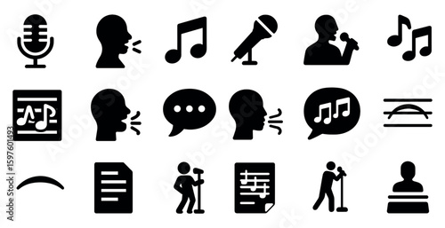 Music and podcast solid icons set – filled, audio symbols and vocal elements
