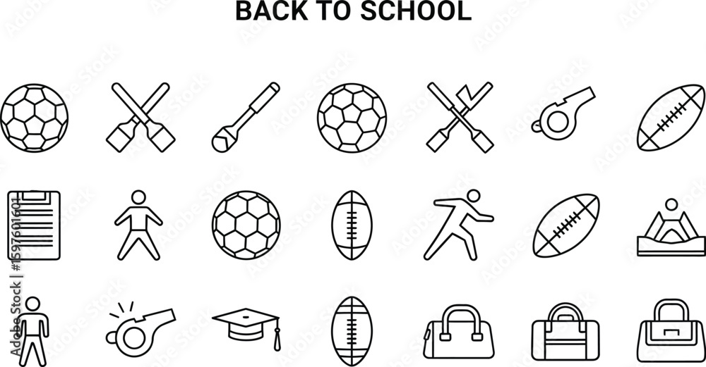 Fototapeta premium Vector art of back to school icons featuring sports equipment, including football, soccer, baseball, whistle, graduation cap, and bag