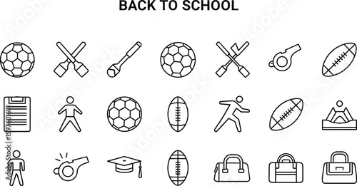 Vector art of back to school icons featuring sports equipment, including football, soccer, baseball, whistle, graduation cap, and bag