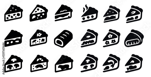 Bakery and pastry solid icons set – silhouette, filled, bread and dessert graphics