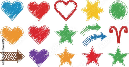 Colorful shapes vector illustration hearts stars arrows circle aries doodle style design element set