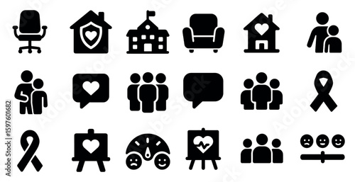 Charity and community solid icons set – filled, volunteer, support symbols
