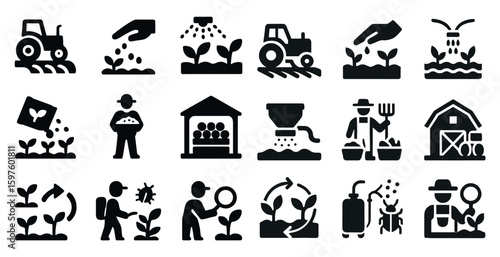 Agriculture and farming solid icons set – filled, flat, harvest and cultivation symbols