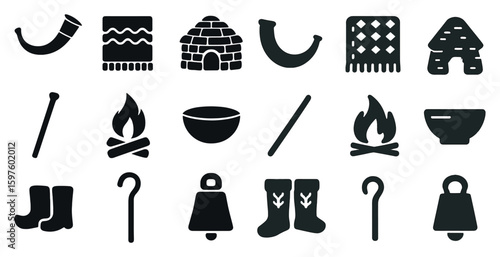 Winter and camping solid icons set – filled, silhouette, outdoor adventure symbols