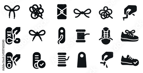 Knot and lacing silhouette icons set – solid, shoe, tying and fastening symbols