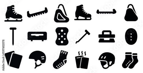Ice skating solid icons set – silhouette, winter sports, skating equipment symbols