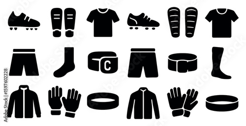 Sports and football solid icons set – filled, silhouette, team equipment symbols