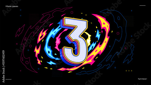 3D Number Three Typography in Neon Pop Art Style - Bold, Colourful Vector Design for Posters, Education, Events and Digital Graphics