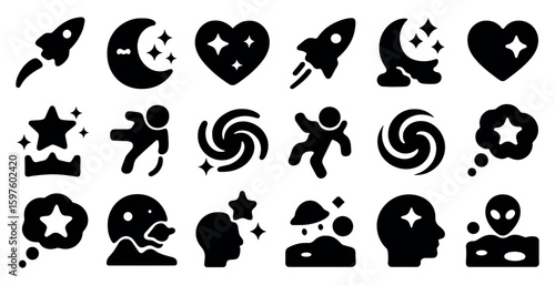 Space exploration silhouette icons set – filled, cosmic, interstellar symbols