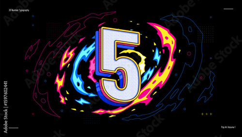 3D Number Five Typography in Neon Pop Art Style - Bold, Colourful Vector Design for Posters, Education, Events and Digital Graphics