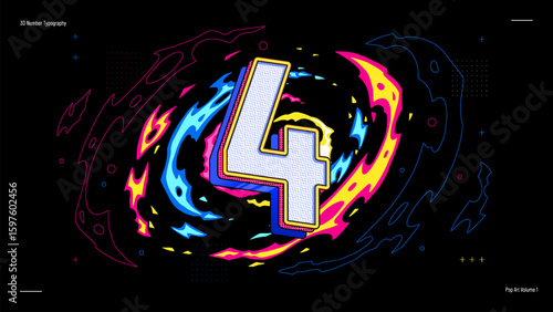 3D Number Four Typography in Neon Pop Art Style - Bold, Colourful Vector Design for Posters, Education, Events and Digital Graphics