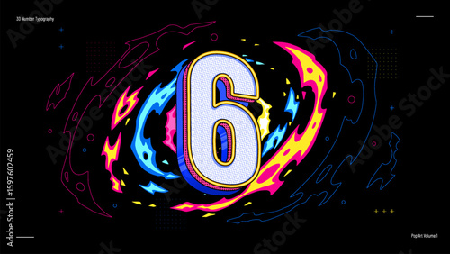 3D Number Six Typography in Neon Pop Art Style - Bold, Colorful Vector Design for Posters, Education, Events and Digital Graphics
