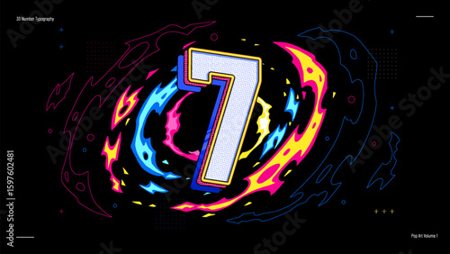 3D Number Seven Typography in Neon Pop Art Style - Bold, Colourful Vector Design for Posters, Education, Events and Digital Graphics