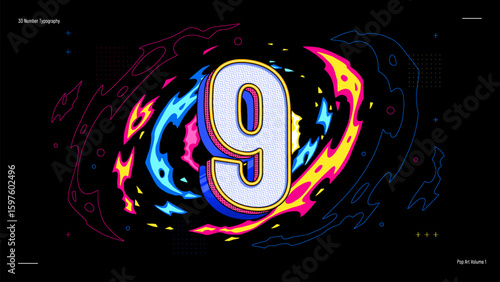 3D Number Nine Typography in Neon Pop Art Style - Bold, Colourful Vector Design for Posters, Education, Events and Digital Graphics