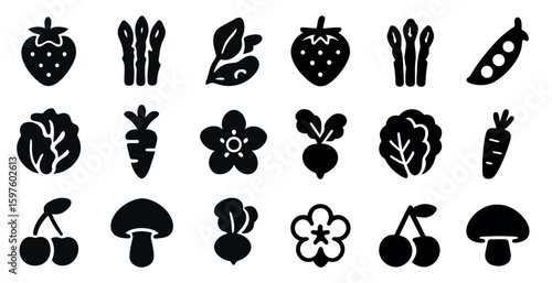 Vegetable and fruit silhouette icons set – flat, filled, healthy eating symbols