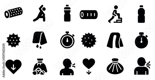 Fitness and exercise solid icons set – filled, workout and gym activity symbols