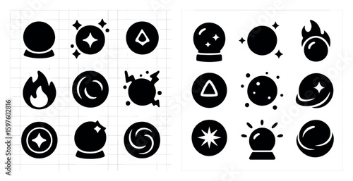 Magic and fantasy solid icons set – filled, silhouette, mystical symbols