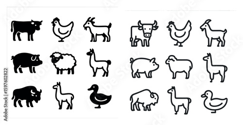 Farm animals icons set: solid, filled, agricultural and livestock symbols