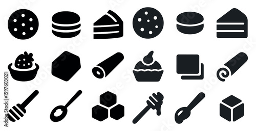 Desserts and sweets icons set – solid, filled, bakery and confectionery symbols