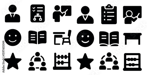 Education and learning solid icons set – filled study, school and classroom symbols