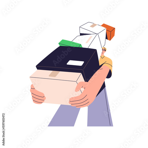 Courier carries stack of cardboard boxes. Carrier delivers heap of parcels. Loader holds pile of cartons, packages for moving. Delivery service. Flat isolated vector illustration on white background