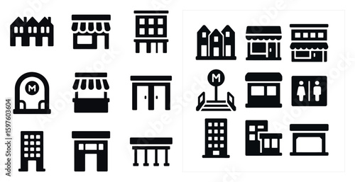 Urban and architecture solid icons set – silhouette, filled, cityscape symbols