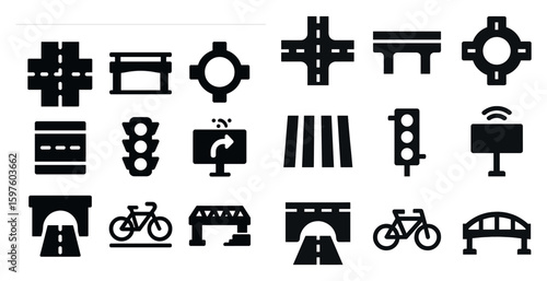 Road and traffic filled icons set – transportation, highway, travel symbols