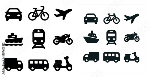 Transportation silhouette icons set – solid, travel, vehicle symbols for designers
