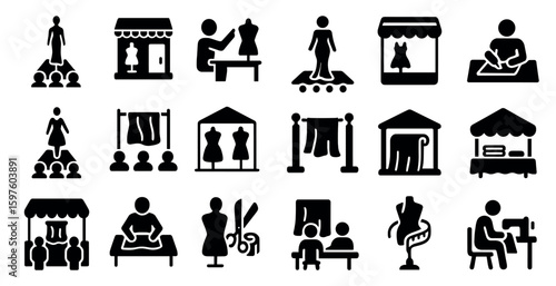Fashion and tailoring silhouette icons set – sewing, design, apparel symbols