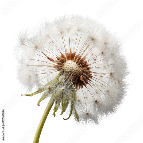 Dandelion seed head isolated on white background, fluffy spherical seeds dispersal close-up botanical detail