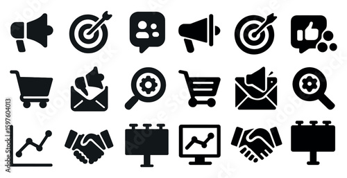 Digital marketing solid icons set – filled, online promotion and advertising symbols