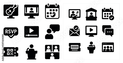 Webinar and conference solid icons set – virtual meeting, online event symbols