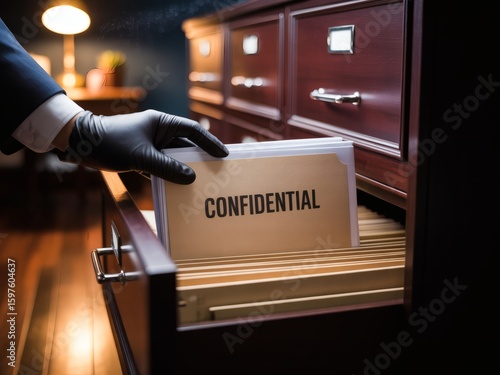 Photo of a gloved hand pulls a confidential file from a wooden filing cabinet drawer