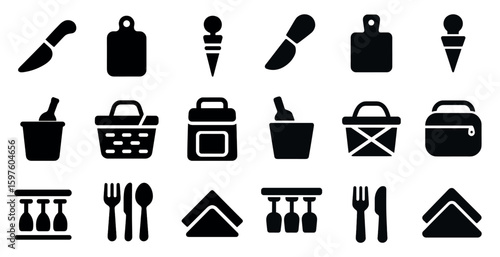 Kitchen and cooking solid icons set – silhouette, bold, culinary and dining symbols