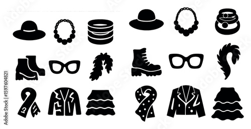 Fashion and accessories silhouette icons set – solid, filled, clothing and jewelry symbols