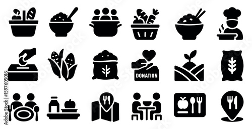 Food and dining solid icons set – filled, culinary, meal planning symbols
