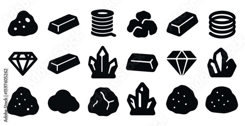 Gemstone and mineral silhouette icons set – solid, outline, precious elements