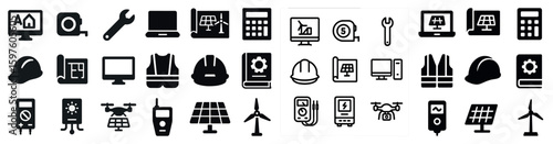 Construction tools silhouette icons set – solid, filled, building and maintenance signs