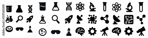 Science and technology silhouette icons set – solid, filled, lab and research symbols
